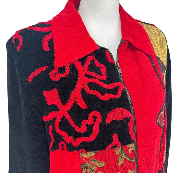 Vintage Julia Kim Red Black Gold Tapestry Patchwork Jacket Sz PS - Picture 4 of 7